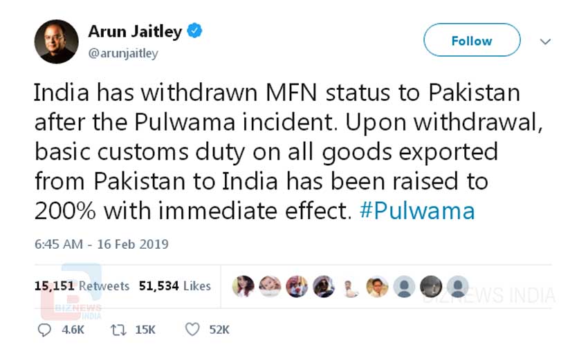 പാകിസ്താനില്‍ നിന്ന് ഇന്ത്യയിലേക്ക് ഇറക്കുമതി ചെയ്യുന്ന ഉല്‍പ്പന്നങ്ങളുടെ കസ്റ്റംസ് തീരുവ ഉയര്‍ത്തി